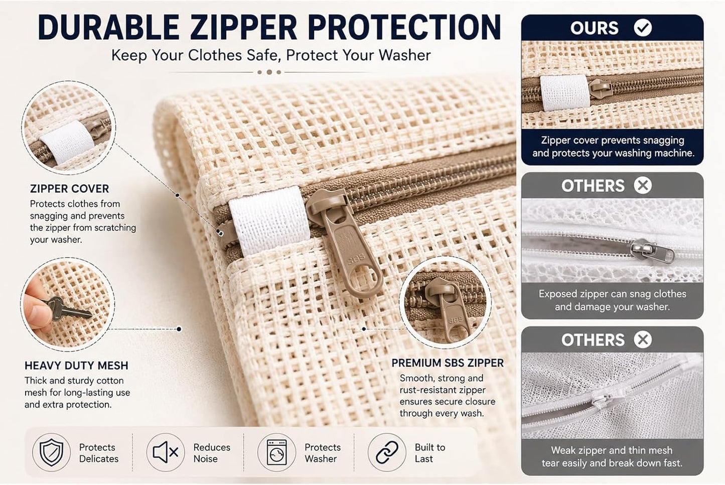 6-Pack Laundry Bags, Durable Cotton Mesh with Sturdy Zipper, Breathable Mesh Fabric, Ideal for Washing Underwear, Pants, Shoes, Socks and Delicate Garments