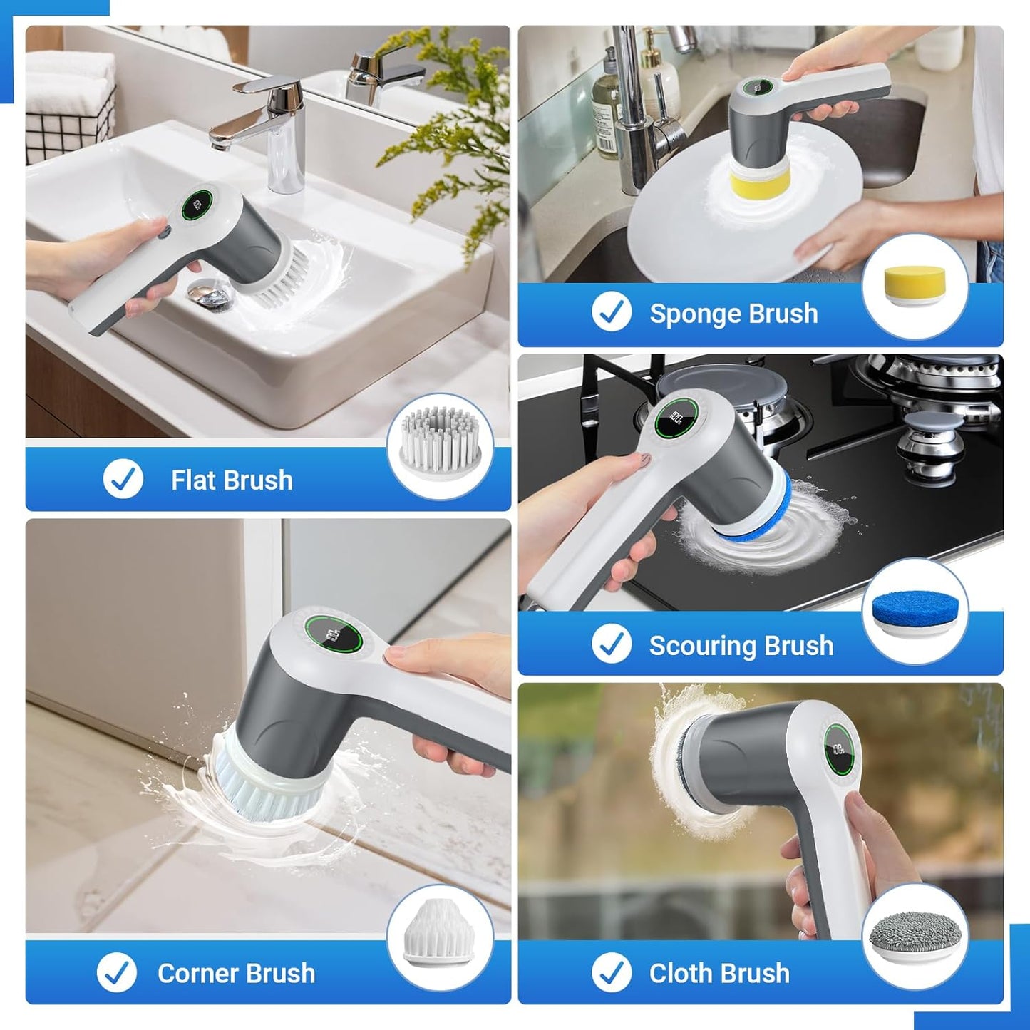 PUFTEM Electric Spin Scrubber, Cordless Shower Scrubber with Battery Level Display, 2 Speeds Electric Scrubber for Cleaning with 6 Replaceable Heads, Cleaning Brush for Bathroom/Sink/Window