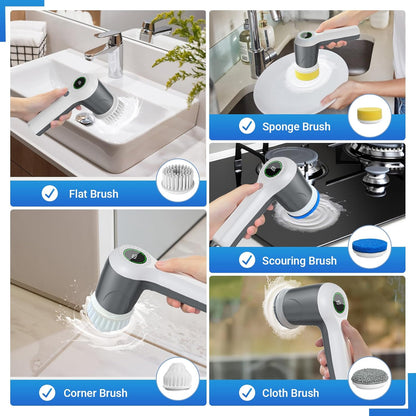PUFTEM Electric Spin Scrubber, Cordless Shower Scrubber with Battery Level Display, 2 Speeds Electric Scrubber for Cleaning with 6 Replaceable Heads, Cleaning Brush for Bathroom/Sink/Window