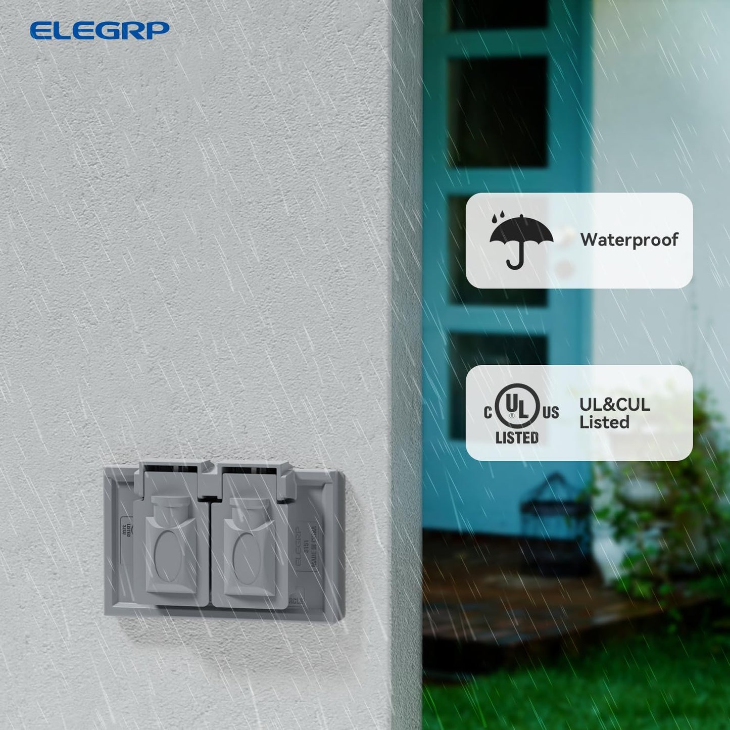 ELEGRP Horizontal Outdoor Cover for Duplex Receptacles, 2-Hole Weatherproof Wall Plate, Outdoor Electrical Outlet Cover, Standard Size 1-Gang 4.55” x 3.02”, Thermoplastic, 1 Pack, Grey