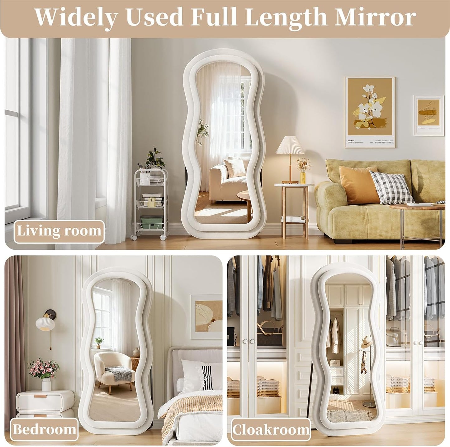 71"x32" Flannel Full Length Mirror, Arched Mirrors Full Length with Stand, Flannel Floor Mirror for Bedroom and Living Room, Full Body Mirror Hanging or Leaning, White