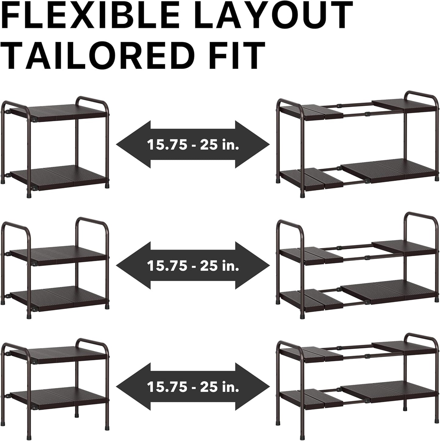 Simple Houseware Under Sink 2-Tier Heavy Duty Expandable Rack Organizer, Adjustable Width 15.75–25 Inches with 4 Shelf Height Levels, Silver