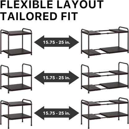 Simple Houseware Under Sink 2-Tier Heavy Duty Expandable Rack Organizer, Adjustable Width 15.75–25 Inches with 4 Shelf Height Levels, Silver