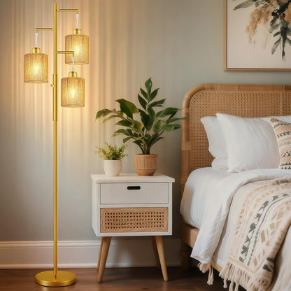 Hotsonic 72" Tall Boho Rattan Style Floor Lamp with Hand-Woven Paper Cord Shade, Dimmable Industrial Tree Standing Lamp for Living Room, Bedroom, Study Room, Office (3 x 800LM Bulbs Included) - Black