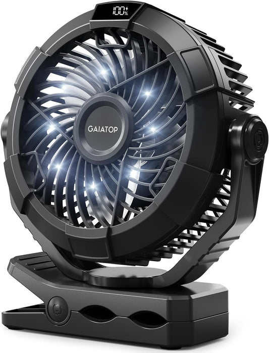 Gaiatop Portable Camping Fan with LED Lantern, 360°Rotation and Clip on for Desk, USB Rechargeable Battery Powered, Digital Display and Hanging Hook for Tent Outdoor Travel Bedroom Black