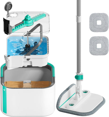Spin Mop and Bucket Set with 2 Replaceable Microfiber Mop Pads with Self Separation Dirty and Clean Water System, Self Wringing 360° Rotating Square Mop Head for Hardwood Tile Marble Floors