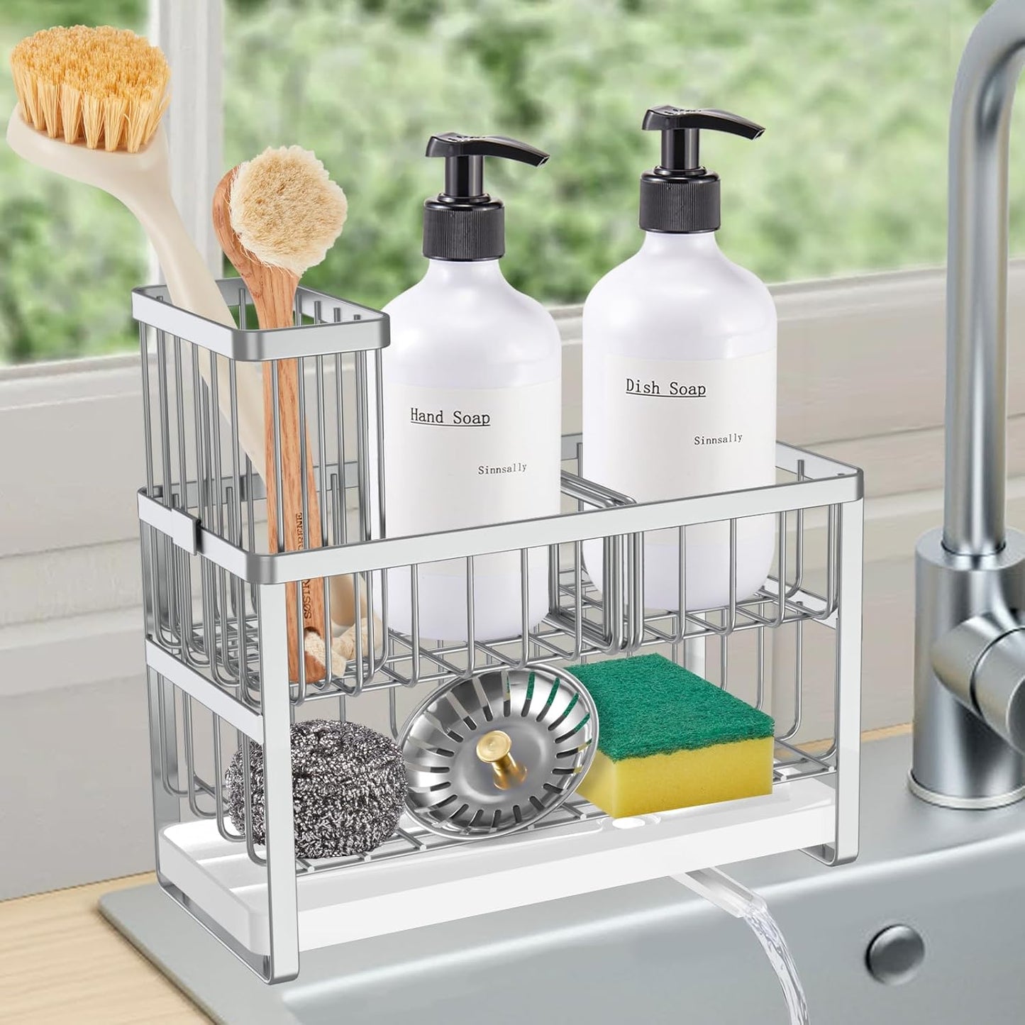Sinnsally Kitchen Sponge Holder,Sink Caddy Organizer with High Brush Holder,Stainless Steel Sink Box Dish Scrubber Holder,Soap Tray for Kitchen Counter Accessories & Storage Rack(2 Tier - Black)
