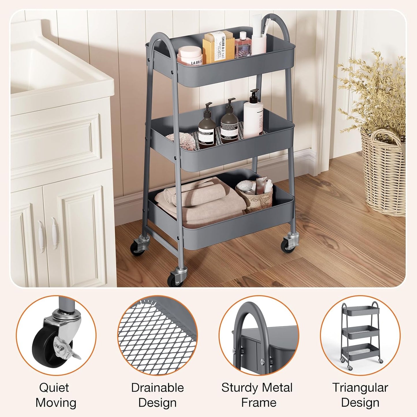 NEWBULIG 3-Tier Rolling Storage Cart, Metal Mobile Utility Organizer Shelf with Lockable Wheels, Space-Saving Freestanding Storage for Bathroom Living Room and Narrow Corner Spaces, Green