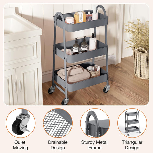 NEWBULIG 3-Tier Rolling Storage Cart, Metal Mobile Utility Organizer Shelf with Lockable Wheels, Space-Saving Freestanding Storage for Bathroom Living Room and Narrow Corner Spaces, Green