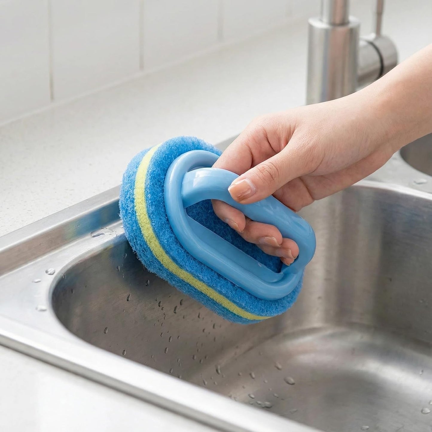 Heavy-Duty Cleaning Brush with Ergonomic Handle - Stiff Sponge Scrubber for Bathroom Shower Tile, Kitchen Sink, Toilet & Bathtub - Reusable Crevice Tool with Hanging Hole, Multi-Surface Scrub Brush