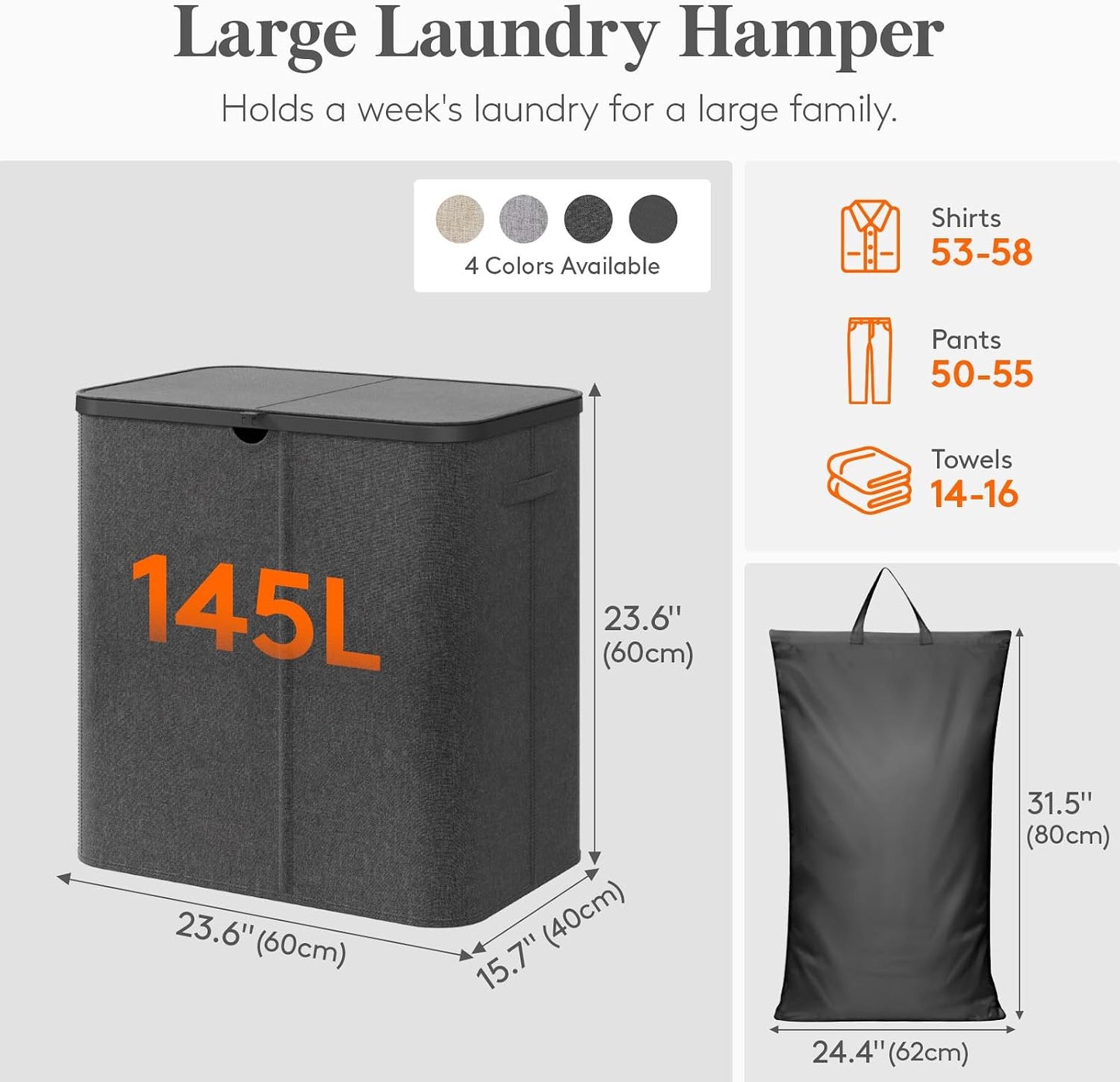 Lifewit 165L Large Laundry Basket with Lid, Laundry Hamper with Plastic Handles and Removable Bag, Foldable Tall Dirty Clothes Hampers for Laundry for Laundry Room, Bedroom, Bathroom, Dorm, Beige