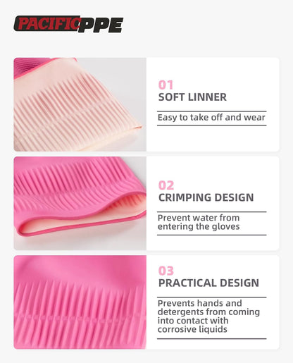 PACIFIC PPE 2 Pairs Reusable Rubber Gloves for Washing Dishes and Cleaning Tasks, Water Resistant Household Gloves for Kitchen Bathroom, Grippy Latex Dish Washing, Pink, Small