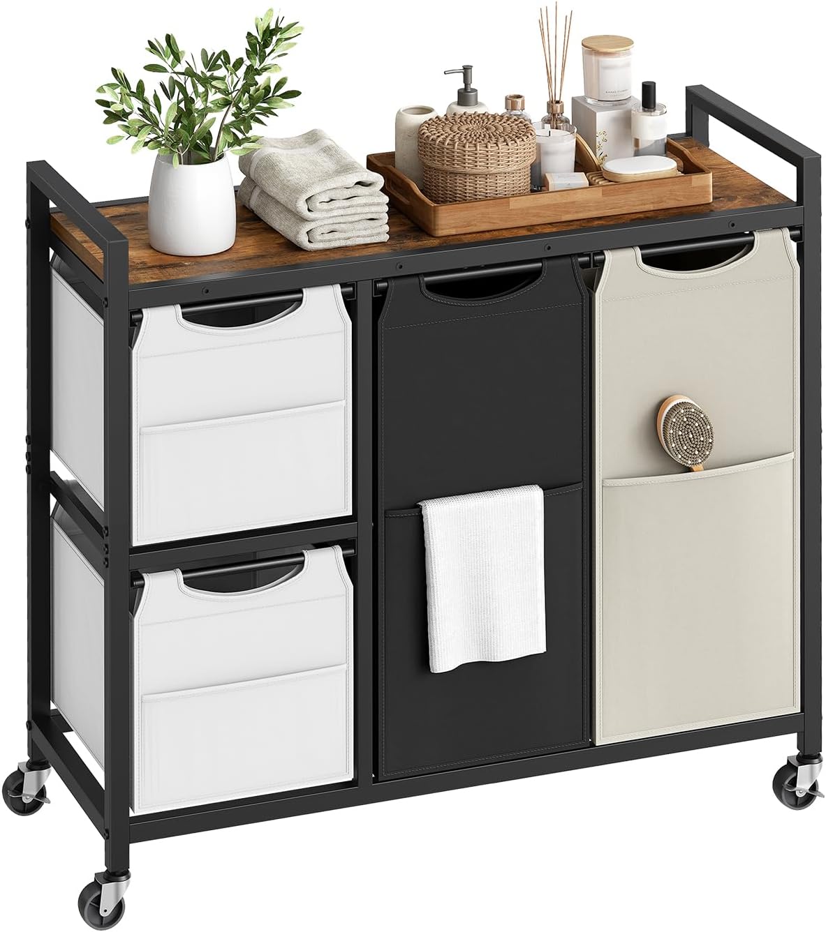 HOOBRO Laundry Sorter with 4 Section, 34 Gal. (127 L) Laundry Hamper with Wheels, Rolling Laundry Basket with Shelves, Pull-Out Detachable Bags, Side Pockets, White, Natural and Beige WNE14XY01N1
