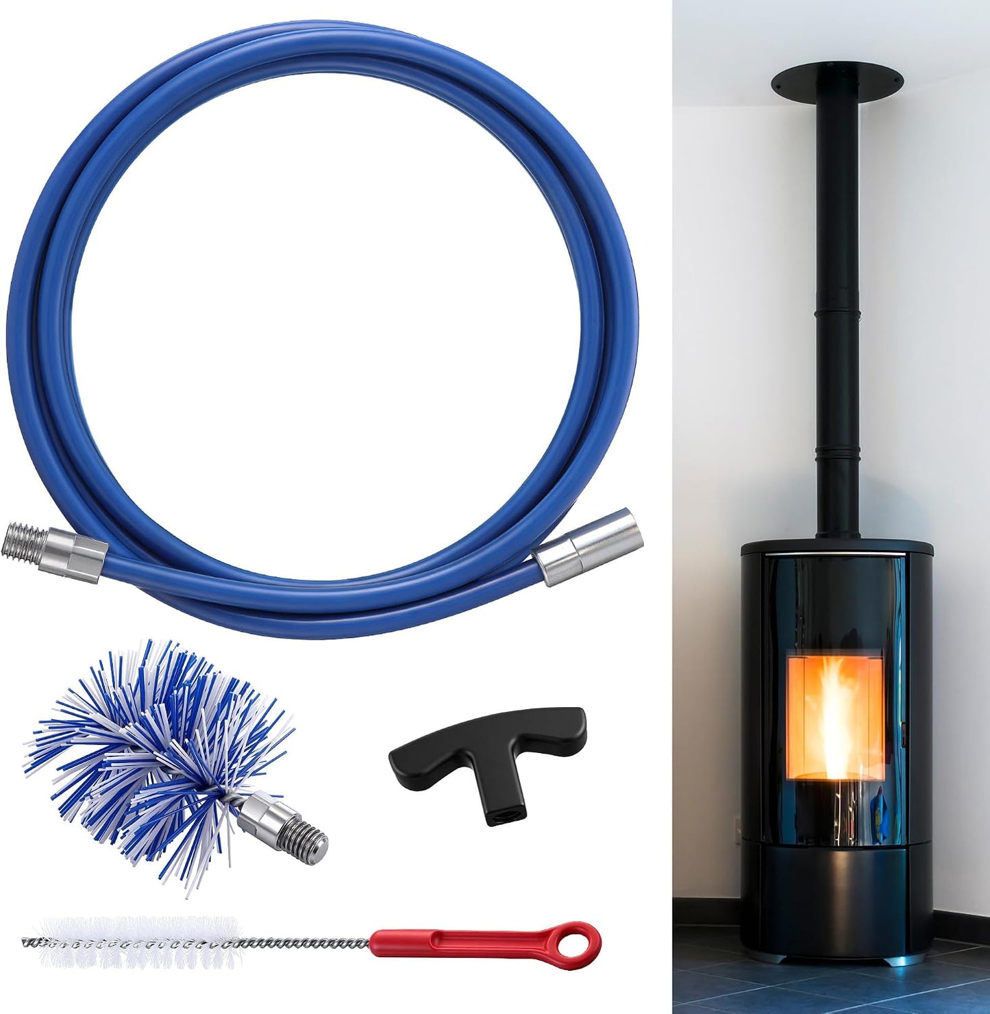 Dreyoo Pellet Stove Cleaning Brush Kit, 20 FT Flexible Steel Rod with 3" Brush Head, T Handle, Multi Purpose Flue Detail Cleaner, Nylon Stove Flue Pipe Kit for Pellet Furnace Exhaust Pipes