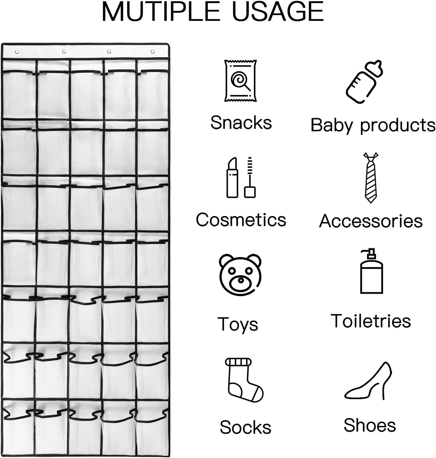 1 Pack 35 Clear Crystal Pockets Large Hanging Shoe Organizer Over The Door Shoe Rack for Closet Door Storage Shoe Holder Hanger, 4Hooks, white (67.7'' x 26.4'')