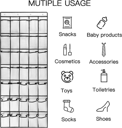1 Pack 35 Clear Crystal Pockets Large Hanging Shoe Organizer Over The Door Shoe Rack for Closet Door Storage Shoe Holder Hanger, 4Hooks, white (67.7'' x 26.4'')