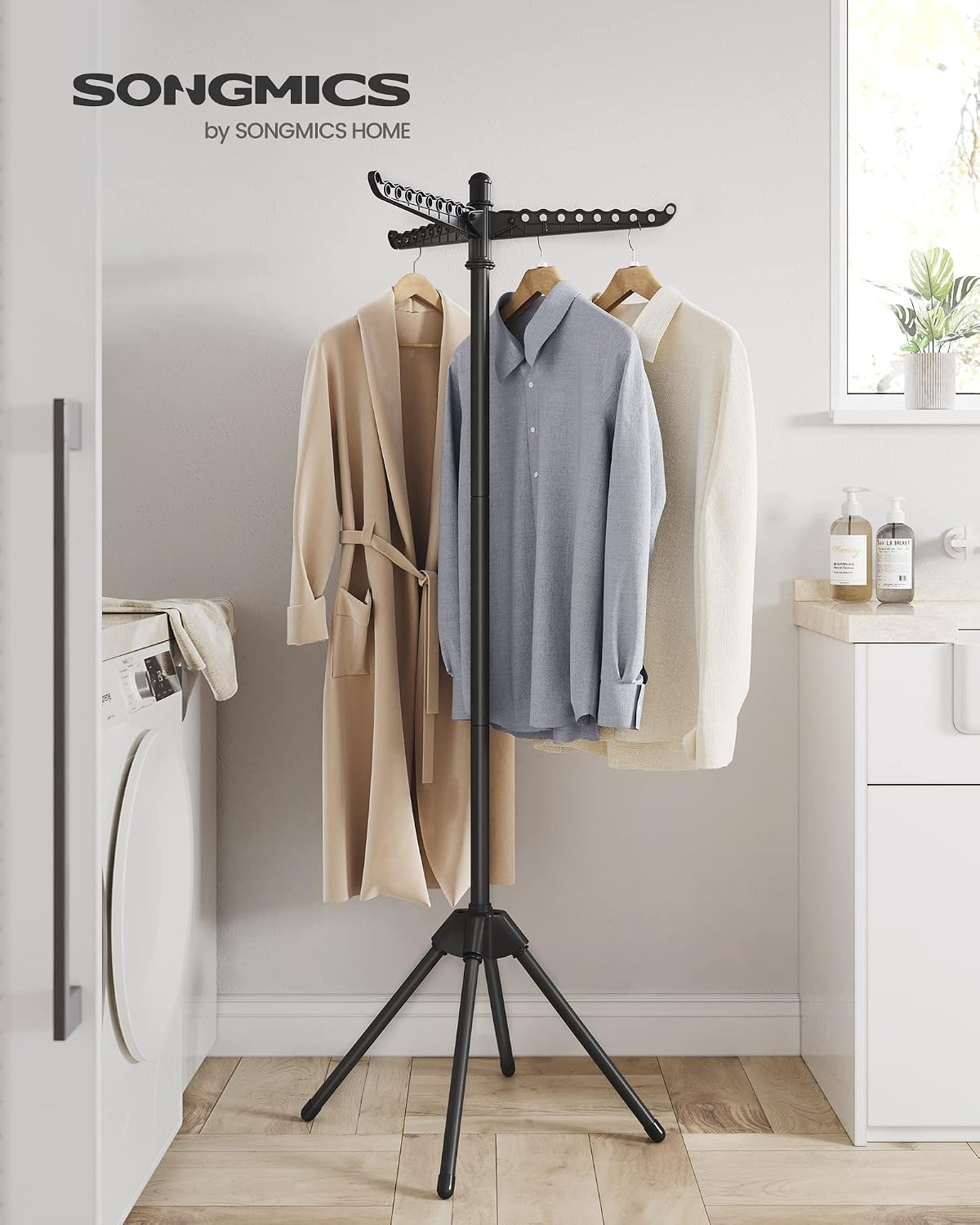SONGMICS 2-Tier Clothes Drying Rack, 72-Inch Folding Laundry Drying Rack with 3 Rotatable Arms for Hangers, 24 Clips, Stainless Steel, for 27 Pieces of Clothes, Blue and Silver ULLR512Q01