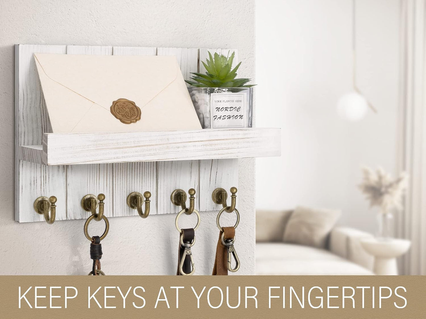 Rebee Vision Decorative Key Holder Wall Mount - Rustic Key Holder for Wall with Shelf and Mail Organizer for Living Room Decor - Home Essentials for Home Improvement (Brown, 3.54" x 10" x 7.28")