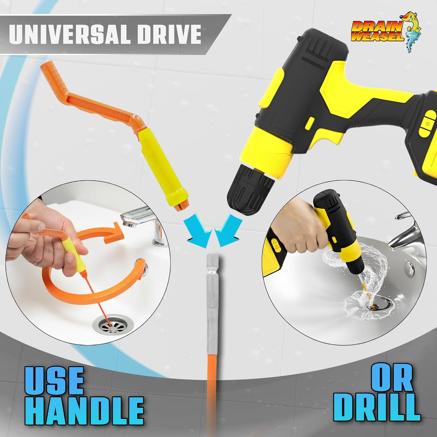 FlexiSnake Drain Weasel PowerSnake Drain Hair Clog Remover Tool – Plumbing Snake Auger for Cleaning Shower, Tub, Bathroom with Drill Connector, Rotating Handle and 3 Wands, 36 Inches Long Made in USA