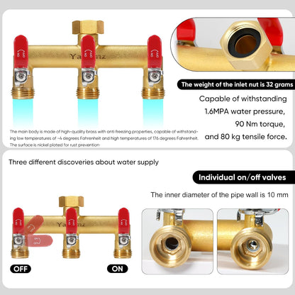 Garden Hose Splitter, 3/4” Rust and Freeze Resistant Outdoor Hose Manifold with 2 Green Extra Long Handles Faucet Adapter-Heavy Duty Brass 2-Way Valve