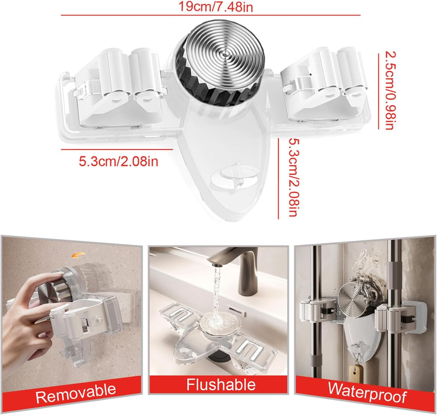 4 Pack Broom Holder Mop Hanger Wall Mount, No Drill Suction Cup Mop and Broom Organizer with Hooks, Space Saving Adjustable Rack Removable Mop Clip for Bathroom, Kitchen, Garage, Laundry Room