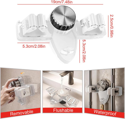 4 Pack Broom Holder Mop Hanger Wall Mount, No Drill Suction Cup Mop and Broom Organizer with Hooks, Space Saving Adjustable Rack Removable Mop Clip for Bathroom, Kitchen, Garage, Laundry Room