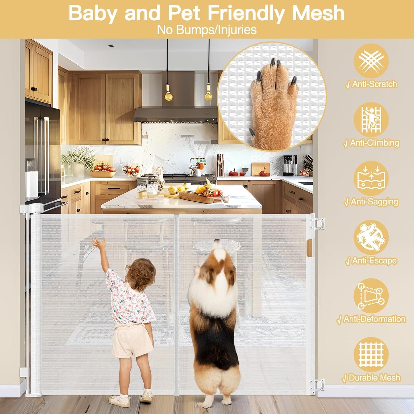 Newly Enhanced - 42" Tall × 120" Extra Wide Retractable Baby Gate Keeps Pets from Getting Under Tall Dog Gate, Indoor/Outdoor Baby Gates for Dogs, Retractable Dog Gate for Large Openings, White
