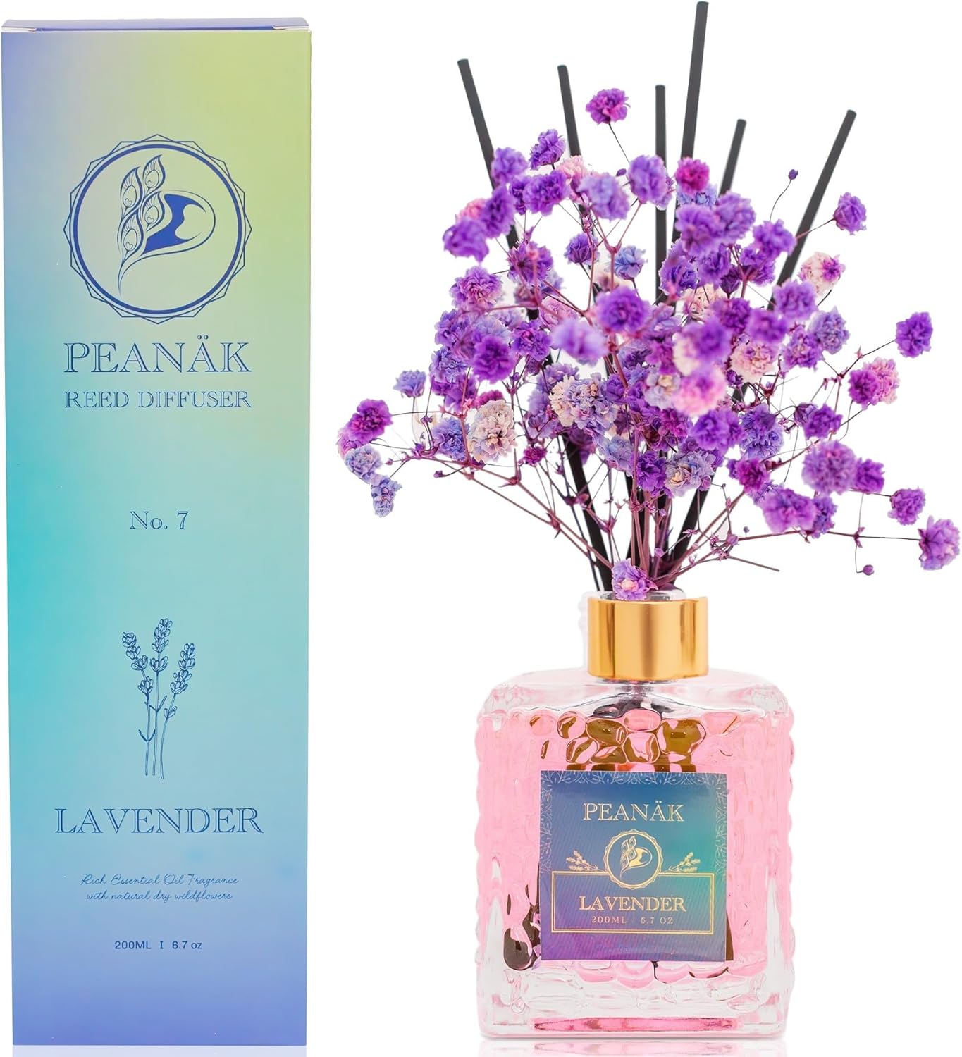 PEANÄK Reed Diffuser Set - Sandalwood Rose Fragrance 6.7oz (200 ml) - Real Preserved Flowers & 8 Reed Sticks for Bathroom Shelf Decor Home Diffuser & Office Scent with Long Lasting Gift Scent