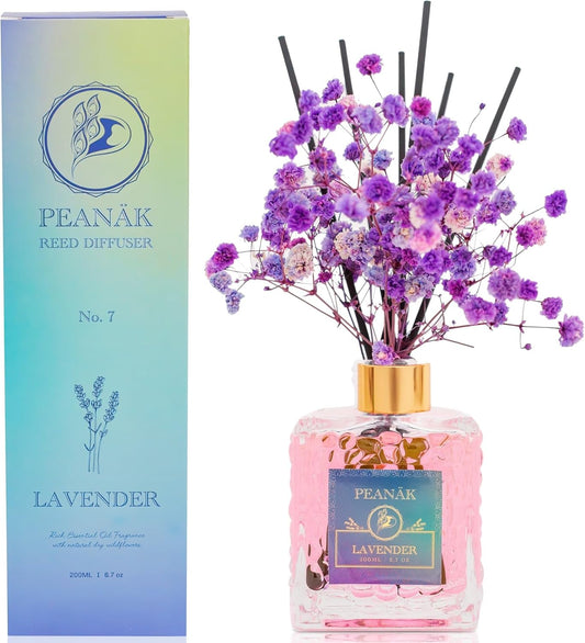 PEANÄK Reed Diffuser Set - Sandalwood Rose Fragrance 6.7oz (200 ml) - Real Preserved Flowers & 8 Reed Sticks for Bathroom Shelf Decor Home Diffuser & Office Scent with Long Lasting Gift Scent