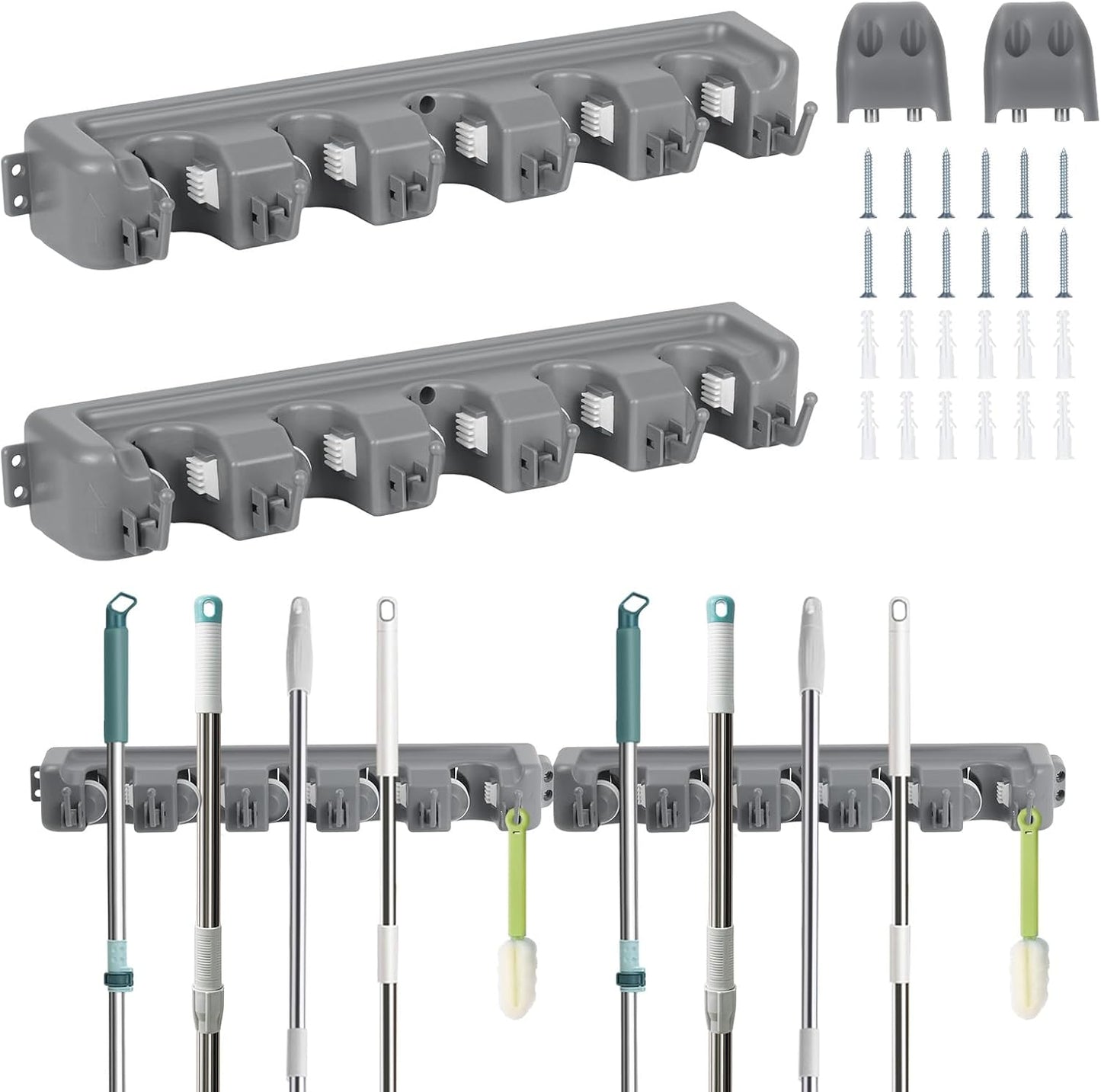 HOME MASTER HARDWARE (2 Pack 16 in Broom Mop Holder Garage Storage Organizer with 5 Racks 6 Hooks Adjustable Wall Mounted Storage Tool for Lanudry Garage Kitchen Garden