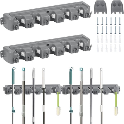 HOME MASTER HARDWARE (2 Pack 16 in Broom Mop Holder Garage Storage Organizer with 5 Racks 6 Hooks Adjustable Wall Mounted Storage Tool for Lanudry Garage Kitchen Garden