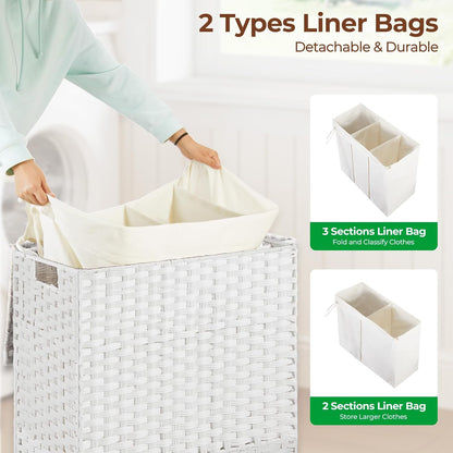 Greenstell Laundry Hamper with Lid, 125L Wicker Laundry Baskets with 2 Removable Liner Bags & 5 Mesh Laundry Bags, Handwoven Rattan Clothes Hamper with Handles for Clothes in Bathroom, Bedroom
