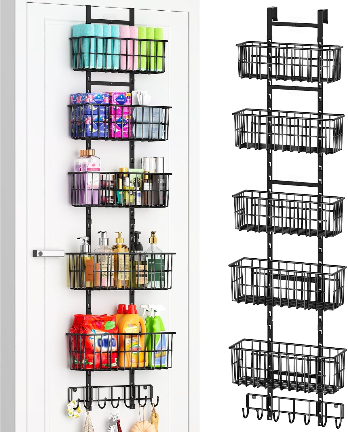 Hongtamoya Over The Door Organizer, Hanging Door Organizer with 5 Metal Baskets, Behind The Door Storage for Pantry Closet Bedroom Bathroom Cabinet Kitchen, White