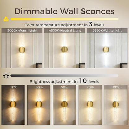 Peel and Stick on Battery Operated Wall Sconces Set of 2, Gold Wireless Magnetic Rechargeable Wall Lights with Remote & Touch Control, No Drill 3CCT Dimmable Wall Lamp for Bedroom Living Room Decor