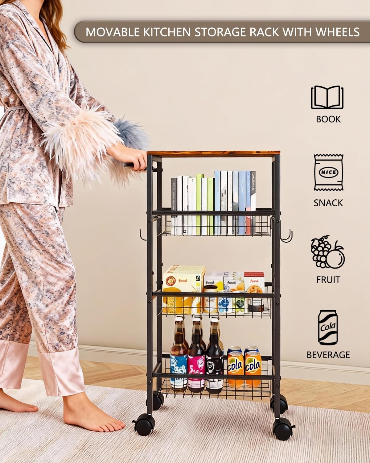 Rolling Utility Cart, 4-Tier Slim Narrow Storage Cart with Wheels for Kitchen, Laundry Room Organization, Metal Bathroom Organizer with Wood Top, Brown, 17.3" x 7.9" x 32.6"