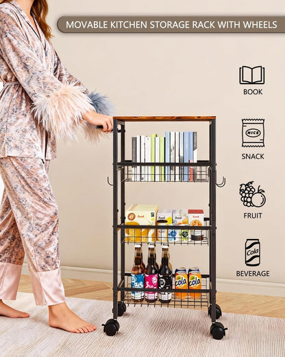 Rolling Utility Cart, 4-Tier Slim Narrow Storage Cart with Wheels for Kitchen, Laundry Room Organization, Metal Bathroom Organizer with Wood Top, Brown, 17.3" x 7.9" x 32.6"