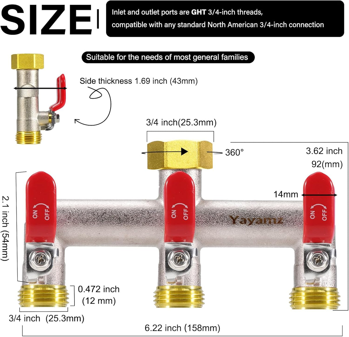Garden Hose Splitter, 3/4” Rust and Freeze Resistant Outdoor Hose Manifold with 2 green Extra Long Handles Faucet Adapter-Heavy Duty Brass Nickel Plated 2-Way Valve