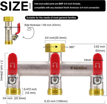 Garden Hose Splitter, 3/4” Rust and Freeze Resistant Outdoor Hose Manifold with 2 green Extra Long Handles Faucet Adapter-Heavy Duty Brass Nickel Plated 2-Way Valve