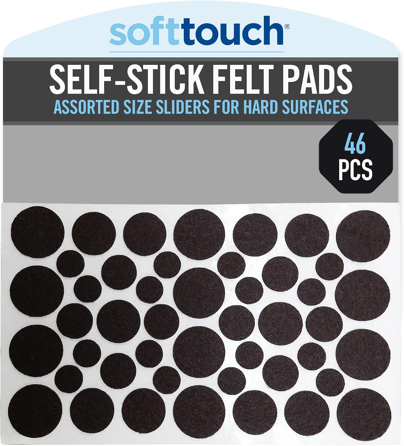 SoftTouch 1.5" Round Reusable Felt Furniture Sliders for Hard Surfaces, Noise-Reducing Adhesive Moving and Protective Pads for Cabinets, Chairs, Tables & Decorative Items Set of 48, Brown