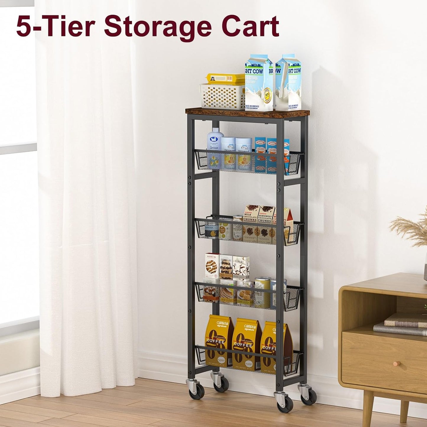 Honest Slim Storage Cart 4-Tier Slim Rolling Cart with Metal Frame and Wooden Top, 6.3 Inches, Storage Cart for Kitchen, Dining Room, Living Room, Bathroom, Home Office, Rustic Brown and Black
