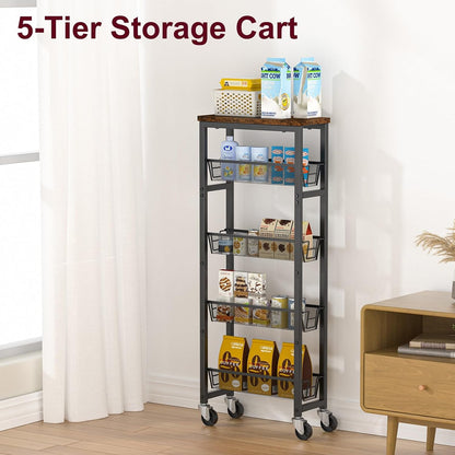 Honest Slim Storage Cart 4-Tier Slim Rolling Cart with Metal Frame and Wooden Top, 6.3 Inches, Storage Cart for Kitchen, Dining Room, Living Room, Bathroom, Home Office, Rustic Brown and Black