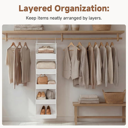 StorageWorks Basics Hanging Closet Organizer, 4-Shelf Wide Trapezoid Closet Shelves with Reinforced Anti-Sagging Support for Sweaters, Hoodies and Handbags, Foldable Storage Organizer, Beige