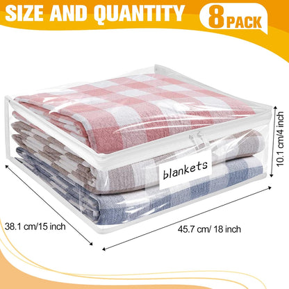 Plastic Storage Bags with Easy-Glide Zipper, Pack of 8, Durable Clear Vinyl Zippered Storage Bags for Clothes Sweaters Comforters Blankets Sheets Bedding (15.7 x 13.8 x 3.9 Inch, White)