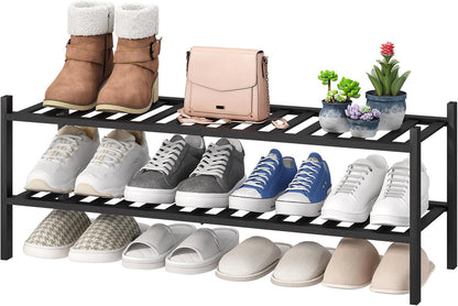 viewcare 3-Tier Black Bamboo Shoe Rack for Entryway, Stackable | Foldable | Natural, Shoe Shelf Storage Organizer for Hallway Closet, Free Standing Shoe Racks for Indoor Outdoor