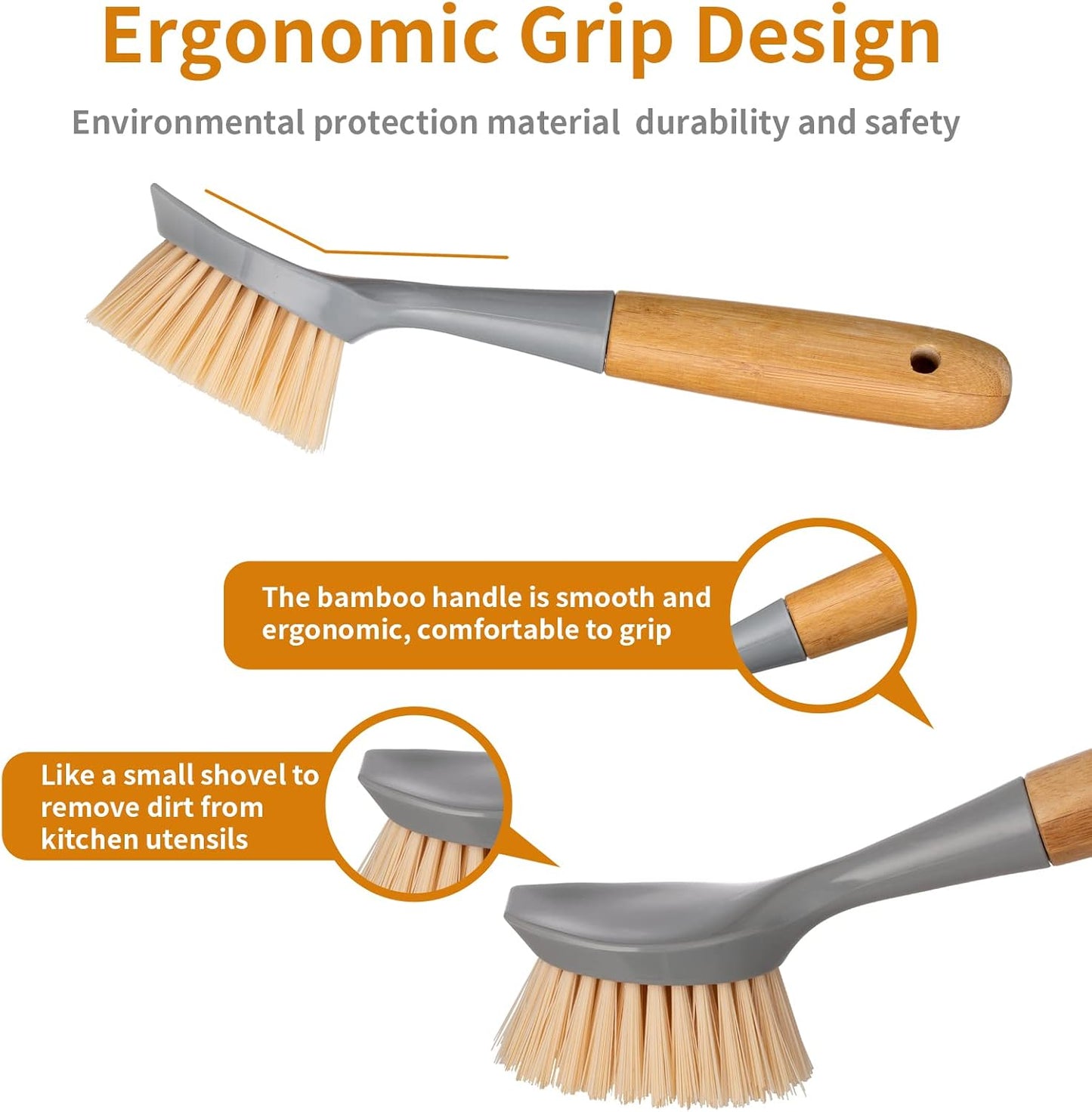 2 Pack Kitchen Dish Brush Bamboo Handle Dish Scrubber Built-in Scraper, Scrub Brush for Pans, Pots, Kitchen Sink Cleaning, Dishwashing and Cleaning Brushes are Perfect Cleaning Tools, White