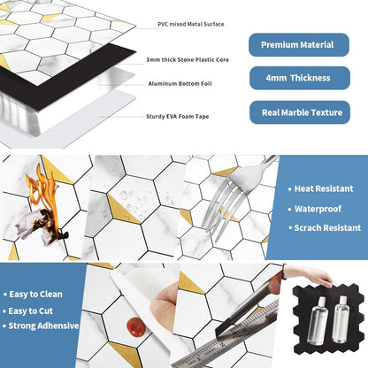 10-Sheet Heavy-Duty Hexagon Peel and Stick Backsplash, Thick Waterproof &Heat Resistant Stick on Wall Tiles, Slate Beige Mosaic for Kitchen & Bathroom, Strong Adhesive Permanent PVC Tiles