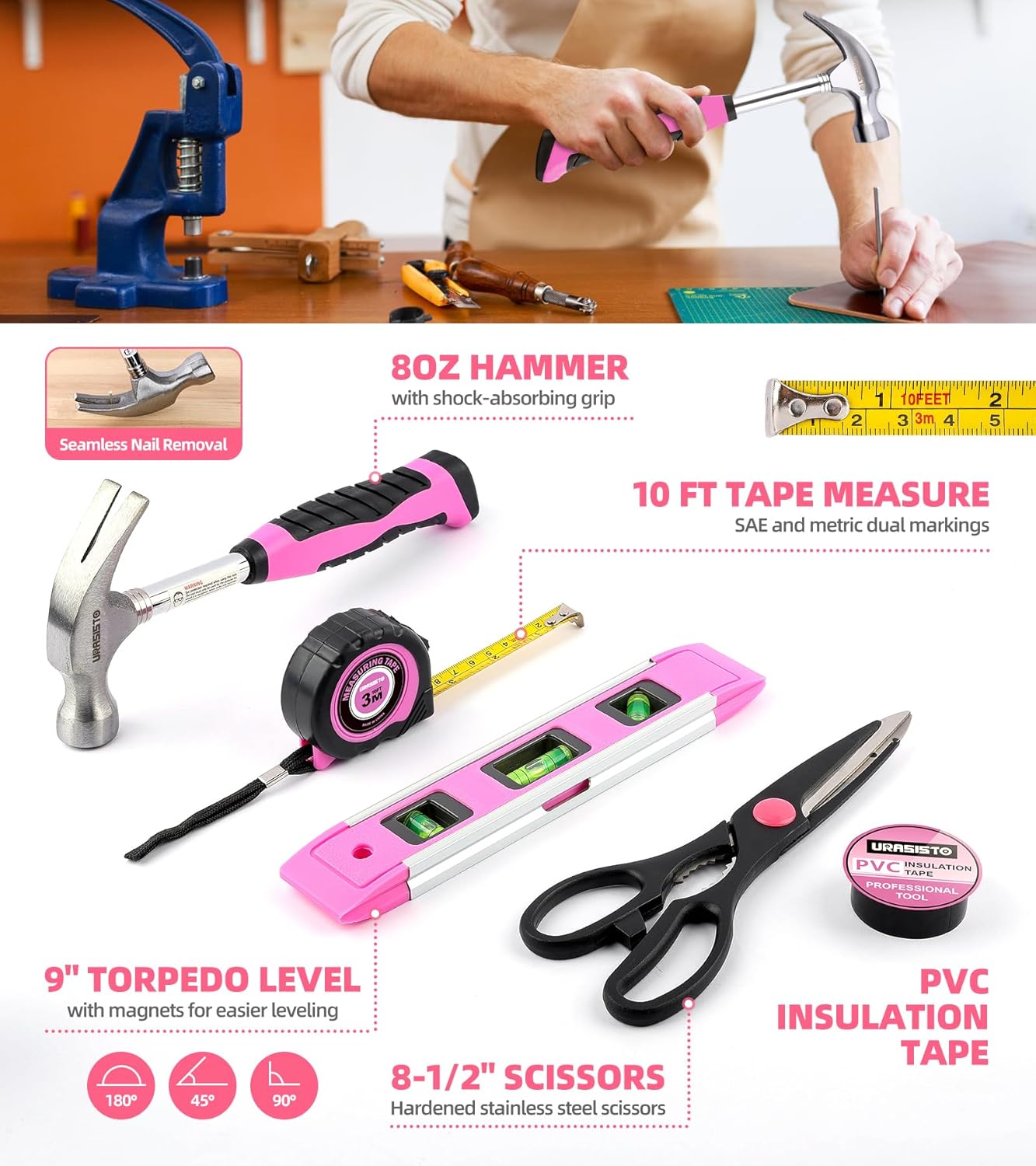 URASISTO Pink Household Tool Set with 3.6V USB Electric Screwdriver, 136 PCS Home Tool Kit with Cordless Lithium-ion Drill Driver, Hand Tool Kits for Women