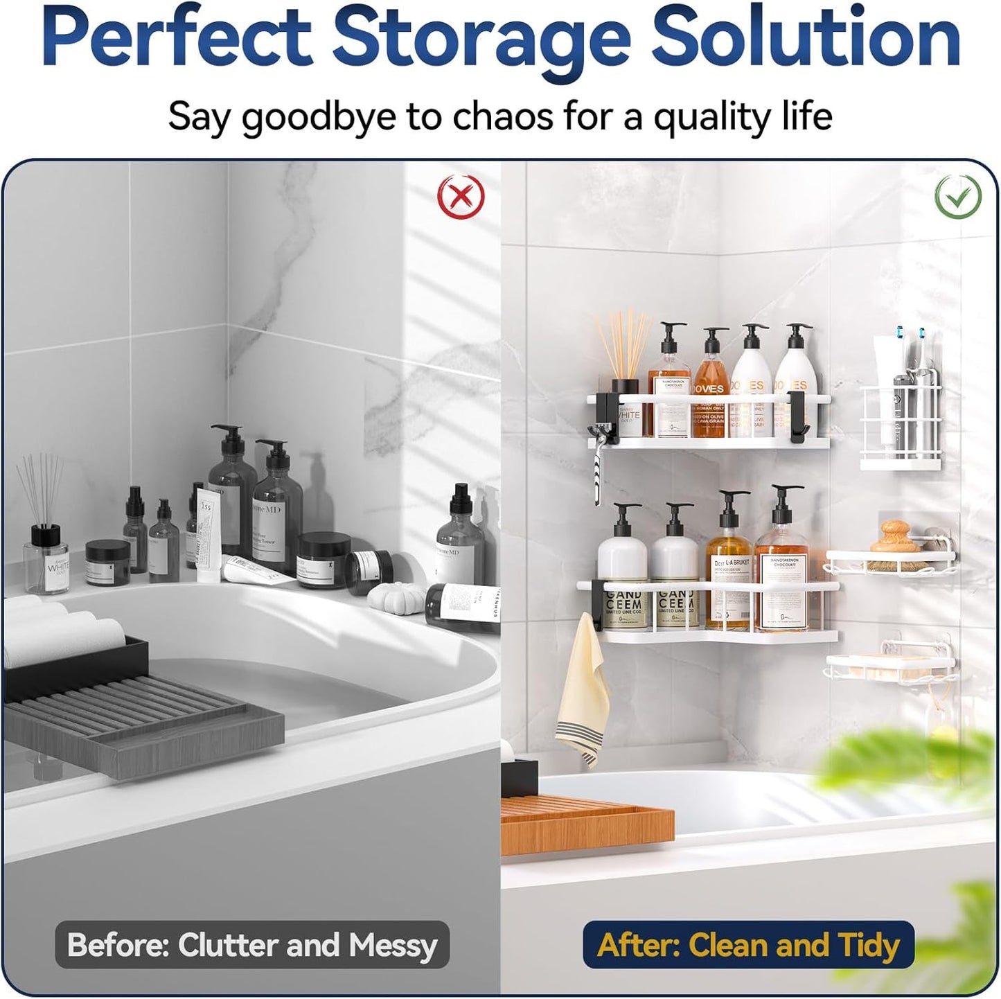 YASONIC Corner Shower Caddy, 5-Pack Adhesive Rustproof Stainless Steel Shower Organizer with Soap Holder, No Drilling Shower Shelf for Inside Shower, Dorm, Renters, Black