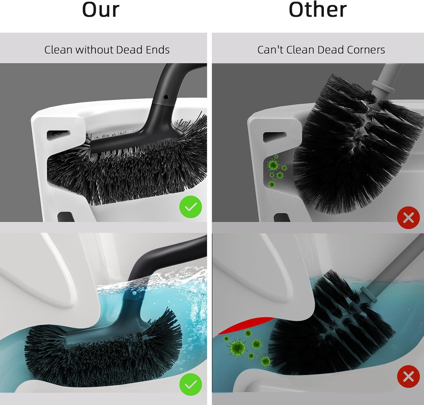 HAMITOR Toilet Bowl Brush Holder Set: Bathroom Deep Cleaning Toilet Cleaner Scrubber Under Rim with Curved Bristle for Dead Corner Clean - Hidden Rv Toilet Decorative Accessories with Caddy- White