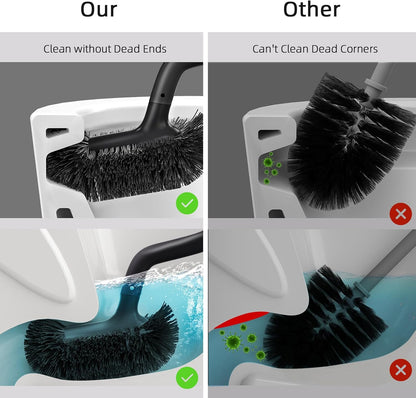 HAMITOR Toilet Bowl Brush Holder Set: Bathroom Deep Cleaning Toilet Cleaner Scrubber Under Rim with Curved Bristle for Dead Corner Clean - Hidden Rv Toilet Decorative Accessories with Caddy- White